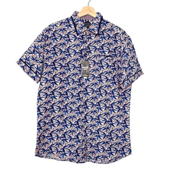 NIKO MILANO Men’s Size XL Blue Leafs  Button Up 1 Pocket Short Sleeve Shirt NWT - Picture 1 of 12